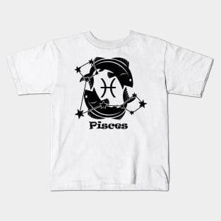 Pisces - Zodiac Astrology Symbol with Constellation and Fish Design (Black on White Variant) Kids T-Shirt